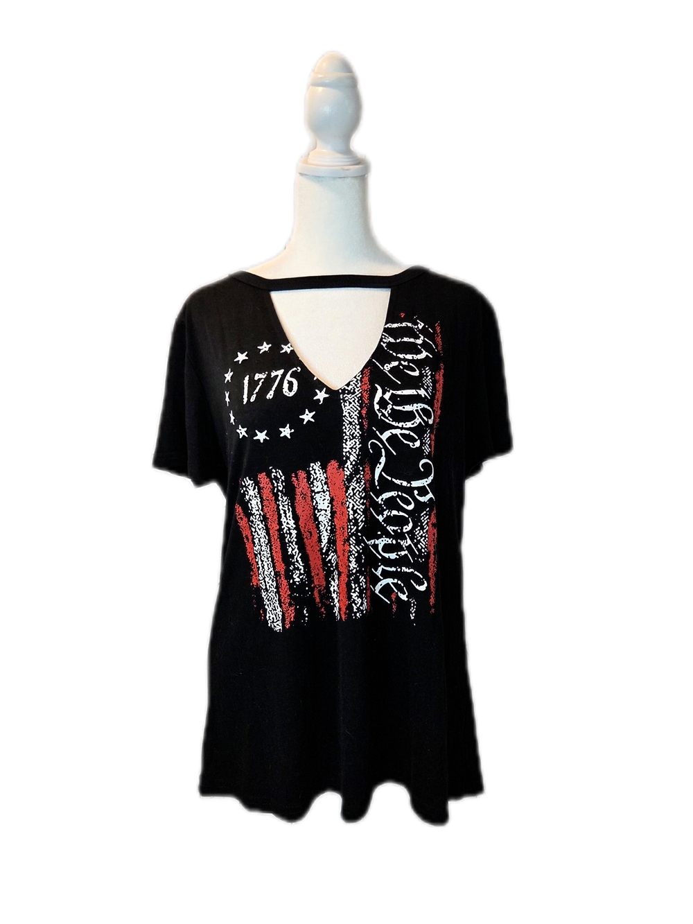 Black V-Neck Short Sleeve Tee with Distressed Flag Graphic